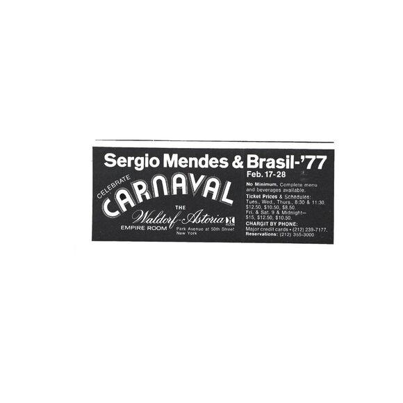 Sergio Mendes Brasil 77 Celebrate Carnaval Print Ad 1970s Waldorf Astoria NYC - Picture 2 of 2
